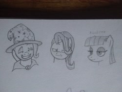 Size: 3264x2448 | Tagged: safe, artist:unithiccy, imported from derpibooru, maud pie, starlight glimmer, trixie, earth pony, pony, unicorn, bust, clothes, female, grin, hat, high res, mare, photo, smiling, traditional art, trixie's hat