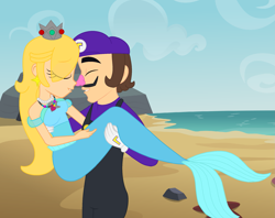 Size: 2143x1693 | Tagged: safe, artist:danielarkansanengine, artist:perplexedpegasus, artist:user15432, imported from derpibooru, human, mermaid, starfish, equestria girls, barely eqg related, base used, beach, blue tail, carrying, clothes, crossover, crown, duo, ear piercing, earring, equestria girls style, equestria girls-ified, eyes closed, fins, gloves, hair over one eye, jewelry, long sleeve shirt, long sleeved shirt, long sleeves, mermaid princess, mermaid tail, mermaidized, mermay, necklace, nintendo, ocean, overalls, pearl necklace, piercing, princess rosalina, purple hat, regalia, rock, rosalina, sand, seashell, seashell necklace, shirt, species swap, super mario bros., undershirt, waluigi, waluigi's hat, water