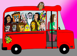 Size: 1024x744 | Tagged: safe, artist:chlorofilla, imported from derpibooru, cheese sandwich, bird, earth pony, human, owl, pony, robot, adventure time, another one rides the bus, crossover, dr screwball jones, gravity falls, milo murphy's law, scooby doo, song reference, the grim adventures of billy and mandy, the simpsons, the weird al show, transformers, transformers animated, uncle grandpa, voice actor joke, wander over yonder, weird al yankovic, wreck-gar