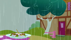 Size: 1280x720 | Tagged: safe, imported from derpibooru, screencap, season 1, the ticket master, background, food, no pony, ponyville, rain, sandwich, scenic ponyville, tree