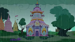 Size: 1280x720 | Tagged: safe, imported from derpibooru, screencap, season 1, the ticket master, background, carousel boutique, no pony, ponyville, rain, scenic ponyville, tree