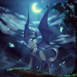 Size: 4134x4134 | Tagged: safe, artist:mian1205, imported from derpibooru, oc, oc only, oc:bullet chaser, bat pony, pony, absurd resolution, bat pony oc, bat wings, butt fluff, chest fluff, clothes, complex background, crescent moon, jewelry, moon, necklace, night, solo, wings