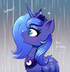 Size: 1952x2036 | Tagged: safe, artist:confetticakez, imported from derpibooru, princess luna, alicorn, pony, balancing, blushing, bust, crown, cute, dialogue, female, filly, jewelry, lunabetes, mare, open mouth, ponies balancing stuff on their nose, portrait, profile, rain, rain drops, regalia, s1 luna, solo, sparkly eyes, wet, wing fluff, wingding eyes, woona, younger