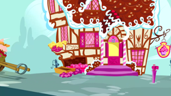 Size: 1280x720 | Tagged: safe, imported from derpibooru, screencap, season 1, the ticket master, background, cart, chariot, no pony, ponyville, scenic ponyville, sugarcube corner