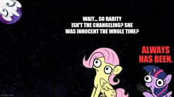 Size: 800x449 | Tagged: safe, artist:tjpones edits, edit, editor:professorventurer, imported from derpibooru, fluttershy, rarity, twilight sparkle, alicorn, pegasus, pony, sparkles! the wonder horse!, always has been, among us, crossing the memes, female, gun, imgflip, imminent death, imminent murder, implied changeling, mare, meme, twilight sparkle (alicorn), wait it's all ohio, weapon