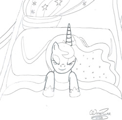 Size: 1024x1007 | Tagged: safe, artist:writepillar, imported from derpibooru, princess luna, alicorn, pony, bed, cute, female, lunabetes, mare, monochrome, signature, sleeping, solo