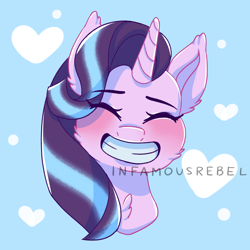 Size: 2900x2900 | Tagged: safe, artist:infamousrebel, imported from derpibooru, starlight glimmer, pony, unicorn, blushing, bust, cheek fluff, chest fluff, cute, doodle, ear fluff, eye clipping through hair, eyebrows, eyebrows visible through hair, eyes closed, female, glimmerbetes, grin, heart, high res, mare, portrait, smiling, solo