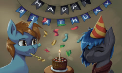 Size: 1280x768 | Tagged: safe, artist:monx94, imported from derpibooru, oc, oc:heavenly monk, oc:overhaul, pegasus, unicorn, birthday, cake, candle, congratulations, cute, food, friendship, halfbody, happy, party horn, present, solo