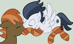 Size: 466x279 | Tagged: safe, artist:jadeharmony, artist:jadethepegasus, artist:loppiepiepie, imported from derpibooru, button mash, rumble, earth pony, pegasus, pony, base used, clothes, duo, eyes closed, flying, gay, gray background, kiss on the lips, kissing, male, older, older button mash, older rumble, raised hoof, raised leg, rumblemash, shipping, simple background, socks, striped socks