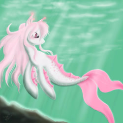 Size: 2048x2048 | Tagged: safe, artist:megumi-arakaki, imported from derpibooru, oc, oc only, merpony, crepuscular rays, digital art, female, fins, fish tail, flowing mane, high res, ocean, solo, sunlight, swimming, tail, underwater, water