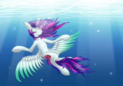 Size: 2929x2048 | Tagged: safe, artist:discorsaurus, imported from derpibooru, oc, oc only, alicorn, pony, alicorn oc, bubble, crepuscular rays, eyes closed, female, high res, horn, mare, ocean, smiling, solo, sunlight, underwater, water, wings