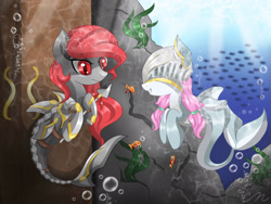 Size: 2048x1536 | Tagged: safe, artist:chaosphantom444, imported from derpibooru, oc, oc only, fish, seapony (g4), armor, bubble, crepuscular rays, fish tail, looking at each other, ocean, red eyes, seaweed, signature, smiling, spear, sunlight, tail, underwater, water, weapon