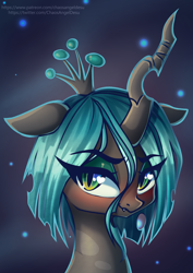Size: 1000x1414 | Tagged: safe, artist:chaosangeldesu, imported from derpibooru, queen chrysalis, changeling, changeling queen, alternate hairstyle, bust, crown, eye clipping through hair, eyes visible through hair, female, filly, floppy ears, haircut, heart eyes, jewelry, looking at you, portrait, regalia, short mane, solo, stray strand, three quarter view, wingding eyes, younger