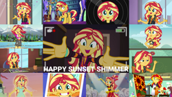 Size: 1280x720 | Tagged: safe, edit, edited screencap, editor:quoterific, imported from derpibooru, screencap, sunset shimmer, pony, unicorn, a fine line, dance magic, eqg summertime shorts, equestria girls, equestria girls series, friendship through the ages, how to backstage, legend of everfree, mirror magic, my past is not today, rollercoaster of friendship, so much more to me, super squad goals, the art of friendship, the finals countdown, unsolved selfie mysteries, spoiler:eqg series (season 2), spoiler:eqg specials, apron, belly button, camera shot, chalkboard, clothes, cute, cutie mark, cutie mark on clothes, eyes closed, female, geode of empathy, grin, jacket, jewelry, leather, leather jacket, looking at you, magical geodes, mare, midriff, necklace, one eye closed, open mouth, shimmerbetes, smiling, twilight's castle, wink