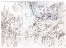 Size: 1078x796 | Tagged: safe, artist:davedunnet, imported from derpibooru, bridge, castle of the royal pony sisters, concept art, monochrome, moon, official, official art, old castle ruins, pencil drawing, ruins, sketch, traditional art