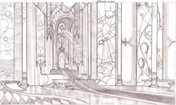 Size: 1337x801 | Tagged: safe, artist:davedunnet, imported from derpibooru, canterlot castle, concept art, monochrome, official, official art, pencil drawing, production art, sketch, stained glass window, throne room, traditional art