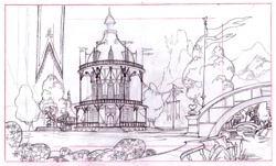 Size: 1151x694 | Tagged: safe, artist:davedunnet, imported from derpibooru, bridge, concept art, flag, monochrome, official, official art, pencil drawing, ponyville, ponyville town hall, sketch, town hall, traditional art, tree