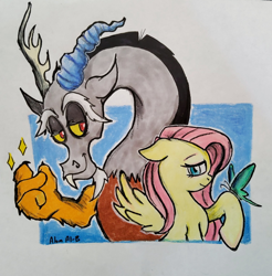 Size: 720x731 | Tagged: safe, artist:alombehar, imported from derpibooru, discord, fluttershy, butterfly, pegasus, pony, drawing, duo, female, male, mare, traditional art