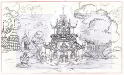 Size: 1600x968 | Tagged: safe, artist:davedunnet, imported from derpibooru, carousel boutique, concept art, exterior, monochrome, official, official art, pencil drawing, sketch, traditional art, tree