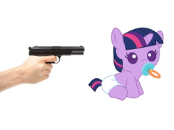 Size: 800x600 | Tagged: safe, imported from derpibooru, twilight sparkle, pony, abuse, baby, baby pony, diaper, foal, foal abuse, gun, hand, imminent death, pacifier, simple background, twilybuse, weapon, white background