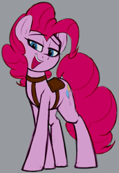 Size: 571x831 | Tagged: safe, artist:january3rd, edit, pinkie pie, earth pony, pony, colored, female, gray background, lidded eyes, looking at you, mare, open mouth, saddle, simple background, solo, tack