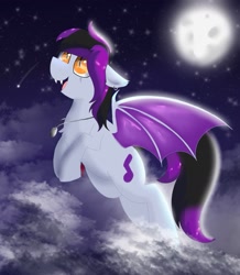 Size: 1337x1535 | Tagged: safe, artist:dicemarensfw, imported from derpibooru, oc, oc only, oc:tune chaser, bat pony, pony, adorable face, beautiful, cloud, commission, cute, digital, dog tags, ear piercing, earring, fangs, flying, jewelry, moon, moonlight, night, photo, piercing, raffle, raffle winner, scar, shading, shooting star, solo, spread wings, stars, wings