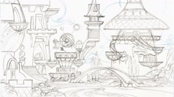 Size: 2048x1140 | Tagged: safe, artist:davedunnet, imported from derpibooru, bridge, canterlot, concept art, monochrome, official, official art, orrery, pencil drawing, sketch, traditional art