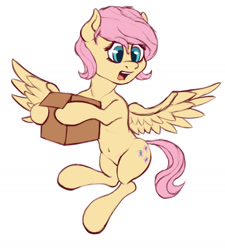 Size: 1280x1423 | Tagged: safe, artist:razzleddazzled, imported from derpibooru, fluttershy, pegasus, pony, alternate hairstyle, belly button, box, female, flying, mare, open mouth, short hair, short mane, simple background, solo, white background