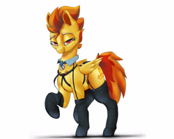 Size: 3000x2400 | Tagged: safe, artist:filly909, artist:imadeus, imported from derpibooru, spitfire, pegasus, pony, bedroom eyes, clothes, collar, female, high res, hoof boots, legwear, looking at you, mare, sexy, simple background, socks, solo, stockings, stupid sexy spitfire, sultry gaze, thigh highs, white background