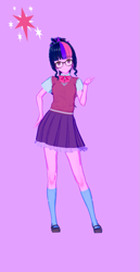 Size: 673x1300 | Tagged: safe, alternate version, artist:脉脉子, imported from derpibooru, sci-twi, twilight sparkle, equestria girls, beckoning, clothes, female, glasses, purple background, simple background, skirt, smiling, socks, solo