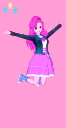 Size: 674x1300 | Tagged: safe, alternate version, artist:脉脉子, imported from derpibooru, pinkie pie, equestria girls, clothes, converse, cutie mark, cutie mark on clothes, dress, female, jacket, jumping, pink background, shoes, simple background, smiling, solo