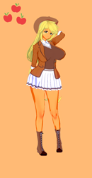 Size: 674x1300 | Tagged: safe, alternate version, artist:脉脉子, imported from derpibooru, applejack, equestria girls, arm behind head, big breasts, breasts, busty applejack, clothes, female, hat, orange background, simple background, skirt, smiling, solo