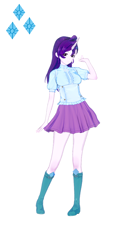 Size: 674x1300 | Tagged: safe, alternate version, artist:脉脉子, imported from derpibooru, rarity, human, equestria girls, breasts, busty rarity, clothes, female, horn, horned humanization, humanized, simple background, skirt, smiling, solo, white background