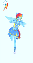 Size: 674x1300 | Tagged: safe, alternate version, artist:脉脉子, imported from derpibooru, rainbow dash, equestria girls, belly button, blue background, cheerleader, cheerleader outfit, cheerleader rainbow dash, clothes, converse, cute, dashabetes, female, ponied up, shoes, simple background, skirt, smiling, solo
