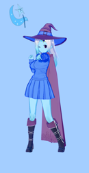 Size: 674x1300 | Tagged: safe, alternate version, artist:脉脉子, imported from derpibooru, trixie, equestria girls, blue background, boots, breasts, busty trixie, cape, clothes, female, hay, one eye closed, shoes, simple background, smiling, solo, wink