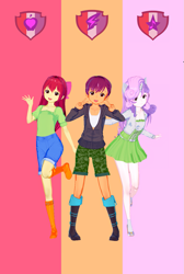 Size: 871x1300 | Tagged: safe, alternate version, artist:脉脉子, imported from derpibooru, apple bloom, scootaloo, sweetie belle, equestria girls, abstract background, boots, clothes, cutie mark, cutie mark crusaders, female, jacket, shoes, shorts, skirt, smiling, solo, the cmc's cutie marks