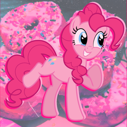 Size: 1000x1000 | Tagged: safe, artist:fruiitypieq, artist:shycookieq, imported from derpibooru, pinkie pie, earth pony, pony, donut, eyelashes, female, food, grin, mare, raised hoof, smiling, solo