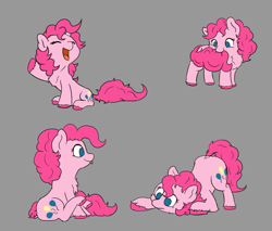 Size: 883x754 | Tagged: safe, artist:lost marbles, imported from derpibooru, pinkie pie, earth pony, pony, :p, behaving like a cat, biting, crouching, cute, digital art, eyes closed, female, open mouth, open smile, sitting, smiling, tail bite, tongue out, unshorn fetlocks