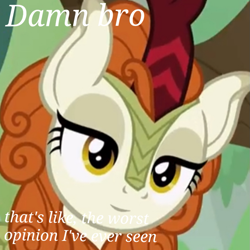 Size: 933x933 | Tagged: safe, edit, edited screencap, imported from derpibooru, screencap, autumn blaze, kirin, sounds of silence, female, inverted mouth, reaction image, solo