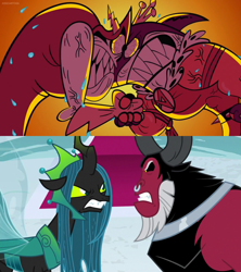 Size: 1920x2160 | Tagged: safe, edit, edited screencap, imported from derpibooru, screencap, lord tirek, queen chrysalis, centaur, changeling, changeling queen, season 9, the ending of the end, spoiler:s09, angry, bloodshot eyes, comparison, disney, emperor awesome, female, gritted teeth, high res, lord hater, male, nose piercing, piercing, rage, septum piercing, sharp teeth, teeth, the bad neighbors, ultimate chrysalis, vein, vein bulge, wander over yonder