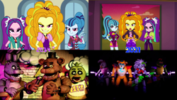 Size: 3840x2160 | Tagged: safe, edit, imported from derpibooru, screencap, adagio dazzle, aria blaze, sonata dusk, equestria girls, equestria girls series, rainbow rocks, sunset's backstage pass!, spoiler:eqg series (season 2), bonnie, bonnie (fnaf), chica, comparison, crossover, evil grin, five nights at freddy's, five nights at freddy's security breach, five nights at freddy's: security breach, freddy fazbear, glamrock chica, glamrock freddy, grin, high res, montgomery gator, roxanne wolf, smiling, the dazzlings