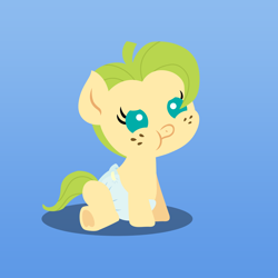 Size: 1440x1440 | Tagged: safe, anonymous artist, imported from derpibooru, oc, oc only, oc:sour apple, earth pony, pony, series:fm holidays, baby, baby pony, female, filly, freckles, frog (hoof), gradient background, offspring, parent:big macintosh, parent:fluttershy, parents:fluttermac, pouting, sitting, underhoof