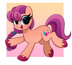 Size: 3928x3549 | Tagged: safe, artist:kittyrosie, imported from derpibooru, sunny starscout, earth pony, pony, abstract background, blushing, braid, cute, eyelashes, female, g5, high res, mare, open mouth, signature, solo, sparkles, starry eyes, sunnybetes, unshorn fetlocks, wingding eyes