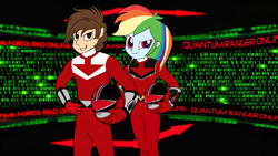 Size: 1920x1080 | Tagged: safe, artist:cam-and-sister-paint, imported from derpibooru, rainbow dash, equestria girls, female, male, mirai sentai timeranger, power rangers, power rangers time force, quantum ranger, red ranger, super sentai, timefire, timered