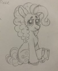 Size: 1670x2048 | Tagged: safe, artist:pink-pone, artist:pink_pone46, imported from derpibooru, pinkie pie, earth pony, pony, cute, diapinkes, looking at you, monochrome, sitting, sketch, solo, traditional art