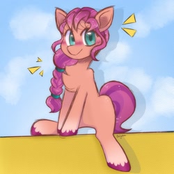 Size: 2048x2048 | Tagged: safe, artist:balychen, imported from derpibooru, sunny starscout, earth pony, pony, blushing, braid, chest fluff, cloud, female, g5, high res, looking at you, mare, shadow, sky, solo, spread legs, spreading, unshorn fetlocks