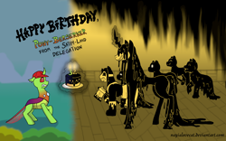 Size: 1600x1000 | Tagged: safe, artist:nayialovecat, imported from derpibooru, oc, oc:berzie, changedling, changeling, pony, bendy and the ink machine, birthday cake, cake, food, ponified