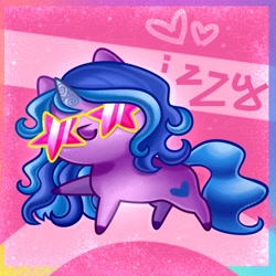 Size: 4000x4000 | Tagged: safe, artist:irinamar, imported from derpibooru, izzy moonbow, pony, unicorn, abstract background, absurd resolution, chibi, cute, female, g5, glasses, heart, izzybetes, smiling, solo, star glasses, stars, sunglasses, text, unshorn fetlocks