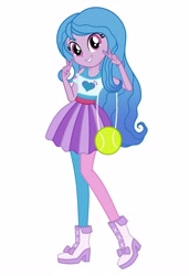 Size: 2600x3800 | Tagged: safe, artist:seabeersky, imported from derpibooru, izzy moonbow, equestria girls, bag, ball, boots, bracelet, bunny ears (gesture), clothes, cute, equestria girls-ified, eyelashes, female, g4, g5, g5 to equestria girls, g5 to g4, generation leap, grin, high res, hilarious in hindsight, izzy's tennis ball, izzybetes, jewelry, looking at you, peace sign, purse, shirt, shoes, simple background, skirt, smiling, smiling at you, solo, tennis ball, white background