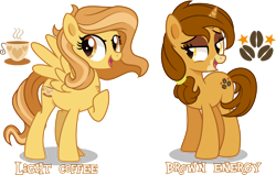 Size: 1600x1015 | Tagged: safe, artist:n0kkun, imported from derpibooru, oc, oc only, oc:brown energy, oc:light coffee, pegasus, pony, unicorn, female, mare, simple background, transparent background